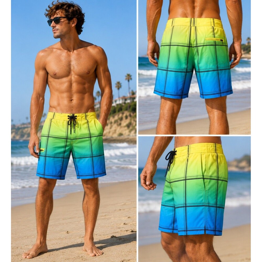 Hang Ten Men’s 38 Tri Color Ombre Gradient Grid Plaid Board Shorts Surf Swim